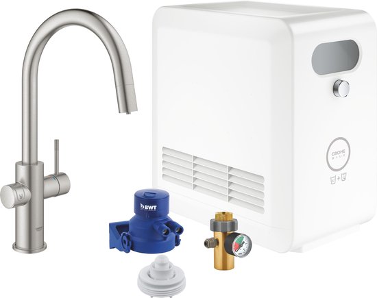 GROHE Blue Professional Duo kit: keukenmengkraan voor gefilterd, gekoeld en bruisend water - Bluetooth & WIFI - met uittrekbare mousseur - incl. koeler - rvs - 31325DC2