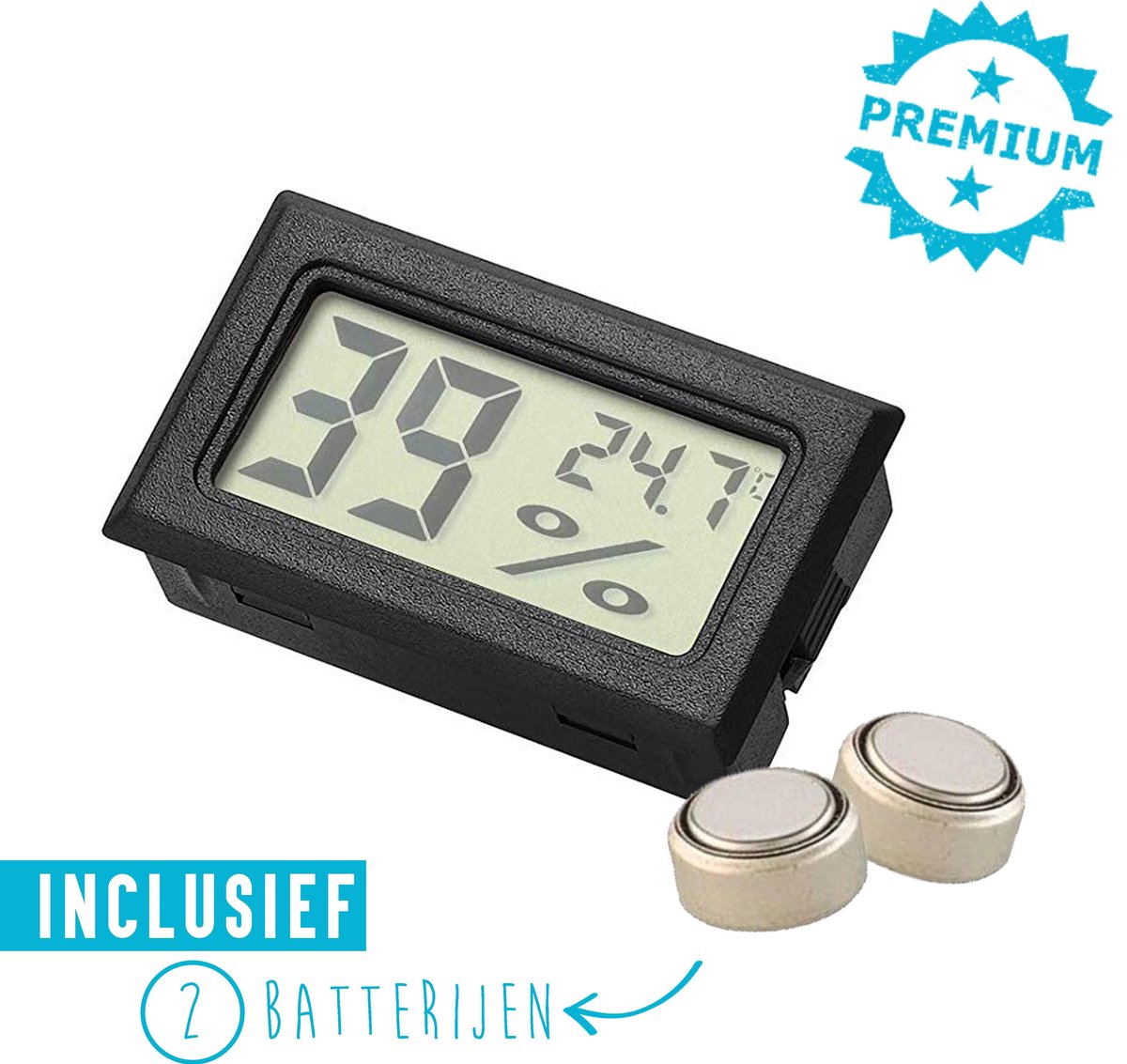 #8 Compacte Hygrometer Mèt Batterijen – Zwart – Hygro- en Thermometer – Digitale Luchtvochtigheidsmeter – Vochtmeter Voor Binnen – 2 in 1