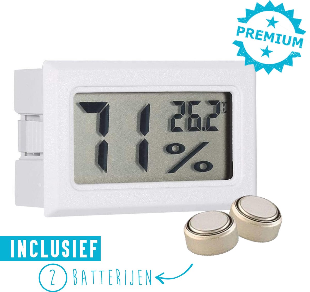 #4 Compacte Hygrometer Mèt Batterijen – Wit – Hygro- en Thermometer – Digitale Luchtvochtigheidsmeter – Vochtmeter Voor Binnen – 2 in 1