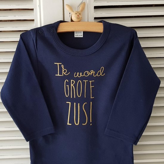 Baby rompertje Hoera ik word grote zus meisje - aanstaande Zwangerschap bekendmaking  | Lange mouw | blauw goud | maat 98-104  zwangerschap aankondiging