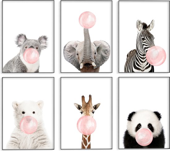 Dieren posters – Kinderkamer/babykamer posters – 6 stuks 20x30 cm – Dierenkoppen met roze kauwgom - Wanddecoratie - Kinderkamer decoratie – Babyshower cadeau