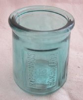 Waxinelichthouder, lichtblauw glas met tekst "Happiness is Homemade" 9,5 x 7,5 cm rond