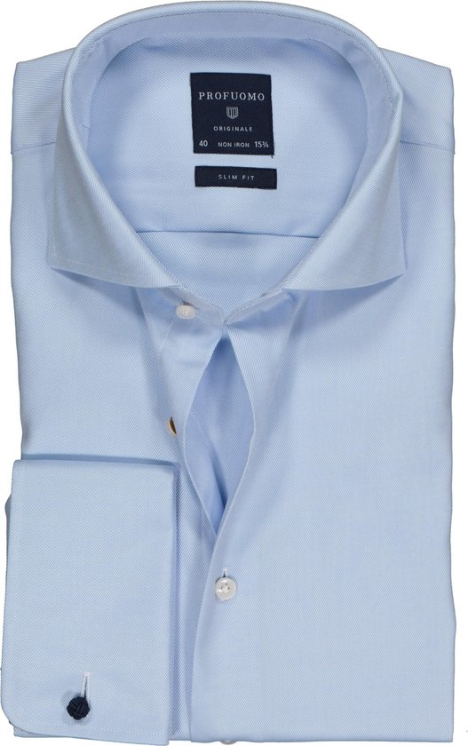 Profuomo Slim Fit overhemd - lichtblauw 2-ply twill met dubbele manchet -  Strijkvrij -... | bol