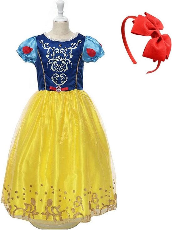 Sneeuwwitje jurk Prinsessen jurk sprookjes verkleedjurk 128-134 (130) met rode haarband - verjaardag cadeau