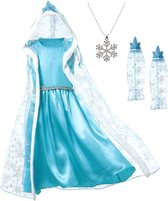 Elsa jurk Cape 140 Luxe met bontkraag + GRATIS ketting maat 134-140 Prinsessen jurk verkleedkleding