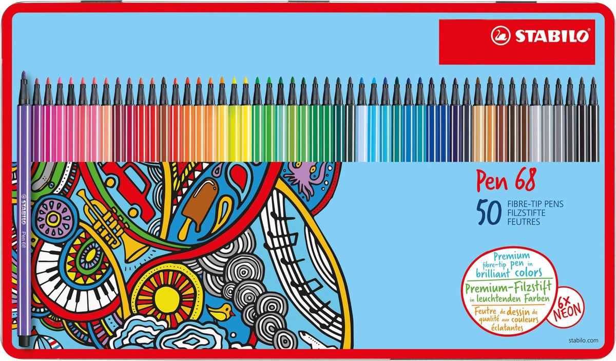 STABILO Pen 68 - Premium Viltstift - 50 Stuks Metalen Etui - Met 46 Verschillende Kleuren