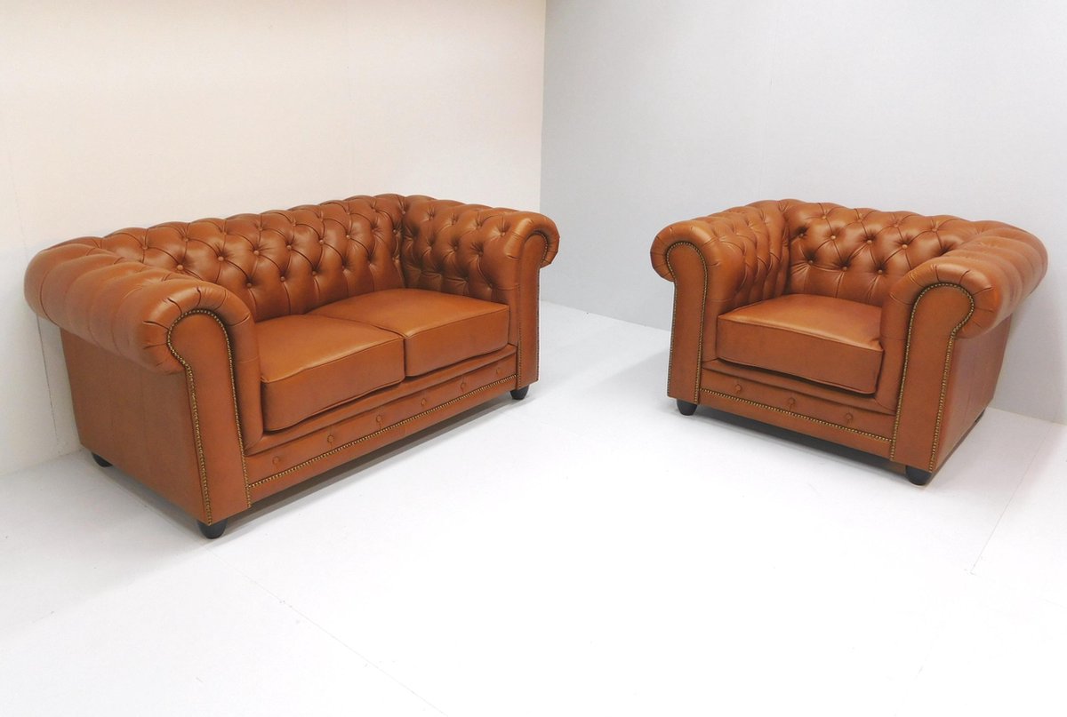 Chesterfield 2 zits bank en fauteuil ARSENAL-JOHN tabacco aniline leder