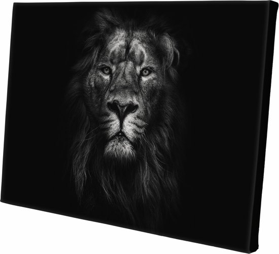 Canvasdoek Leeuw | zwart-wit | Leeuw | Wanddecoratie | 150 CM x 100 CM | Schilderij | Aan de muur | Dieren | Natuur
