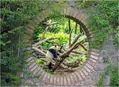 Tuindoek doorkijk - 130x95 cm - geheime tuin klimmende panda   - tuinposter - tuin decoratie - tuinposters buiten - tuinschilderij