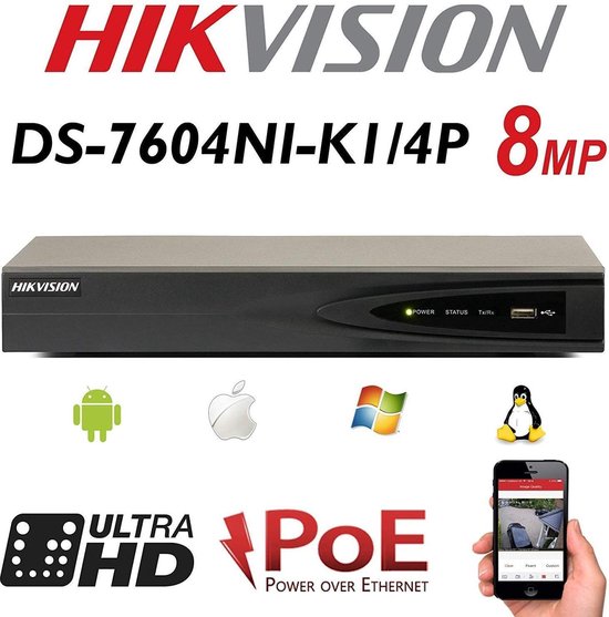 HIKVISION 4CH 8MP NVR IP Netwerk POE HDMI FULL HD 1080P 4K UHD Digitaal Bewakingscamera Recorder Systeem UP TO 6TB H.254 H.265 Home Office Werkplek PRO DS-7604NI-K1/4P (Geen HDD) - Hikvision