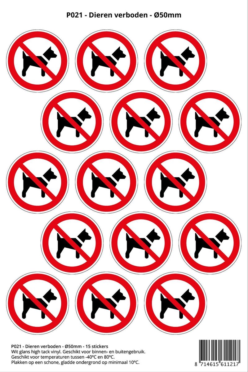 Pictogram sticker P021 - Dieren verboden - Ø 50mm - 15 stickers op 1 vel