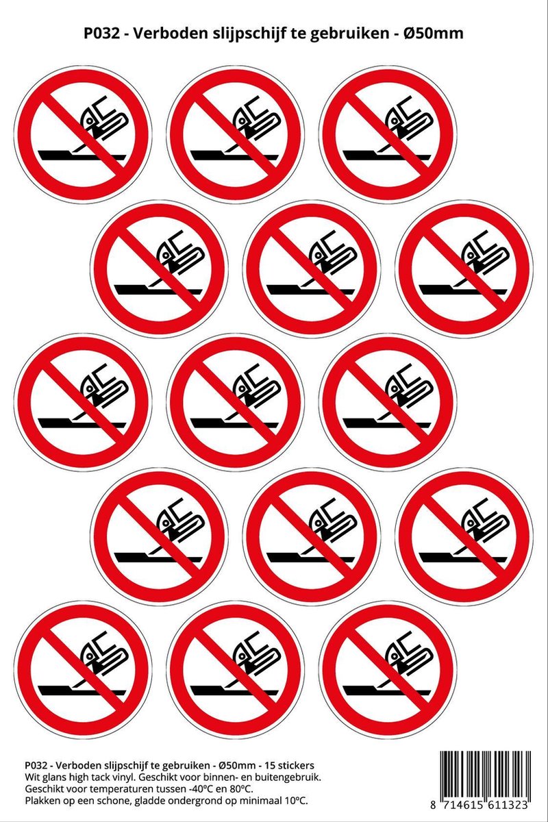 Pictogram sticker P032 - Verboden slijpschijf te gebruiken - Ø 50mm - 15 stickers op 1 vel