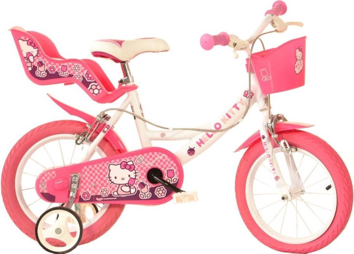 Dino Hello Kitty Meisjesfiets - Kinderfiets voor Meisjes - 14 Inch 23 cm - Knijprem - Wit/Roze