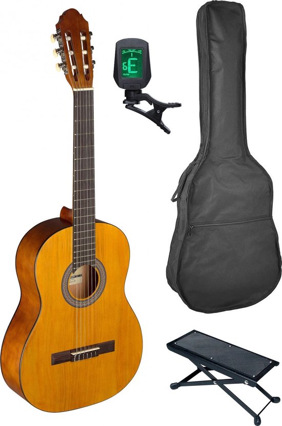 Stagg pakket 4/4 klassieke gitaar set met draagtas, stemapparaat en voetbankje bol.com