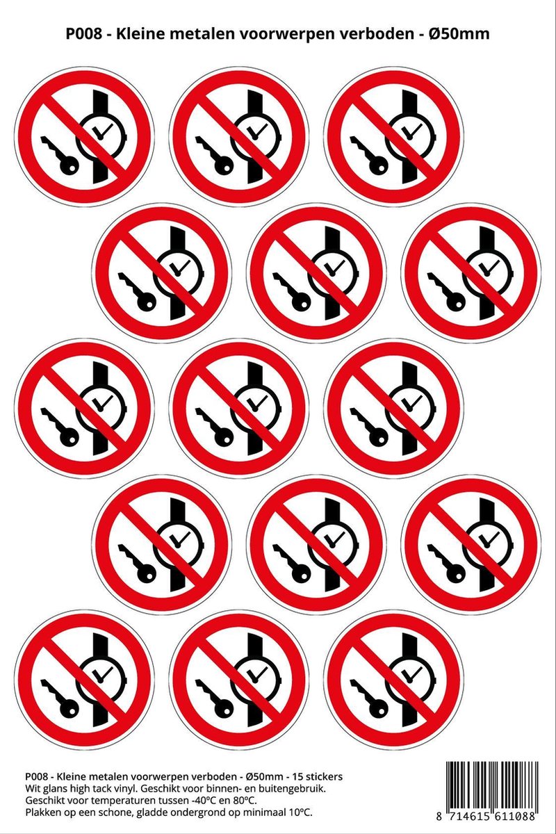 Pictogram sticker P008 - Kleine metalen voorwerpen verboden - Ø 50mm - 15 stickers op 1 vel