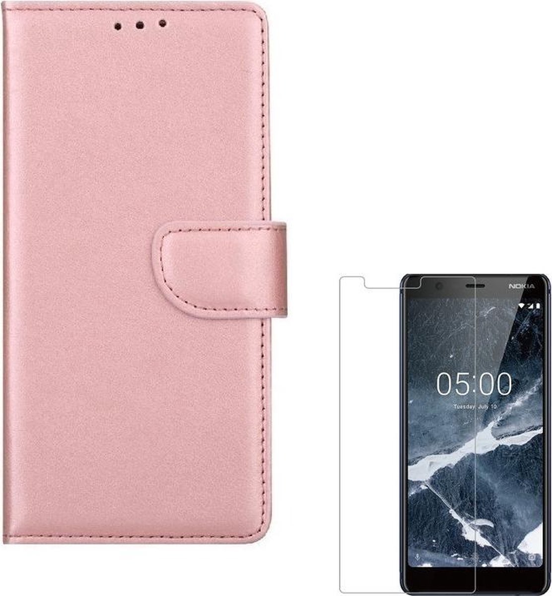 hoesje Geschikt voor: Nokia 5.1 Portemonnee Rose Goud met 2 stuks Glas Screen protector