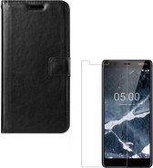 Nokia 5.1 Portemonnee hoesje zwart met 2 stuks Glas Screen protector