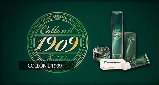 Collonil 1909 producten: spuitbus, potjes en een tube op een donkergroene achtergrond met logo.