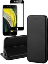 Hoesje geschikt voor iPhone SE 2022 / 2020 / 8 / 7 - Book Case Slim Wallet Zwart - Screenprotector Glas Full Screen Protector