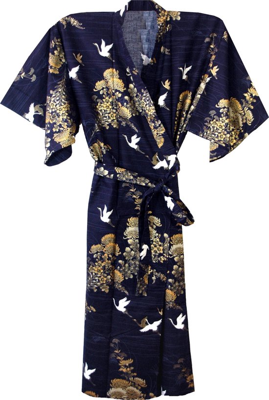 TA-HWA - Japanse Kimono - Dames Yukata - Donkerblauw - Met Kraanvogels - One Size