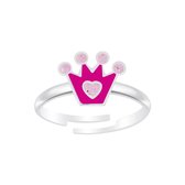 Joy|S - Zilveren kroon ring roze glitter verstelbaar
