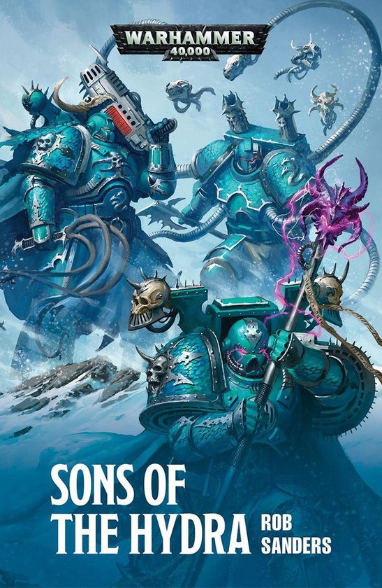 Boekcover 'Sons of the Hydra' met drie turquoise mariniers in gepantserde wapenrusting, met wapens en schedels.