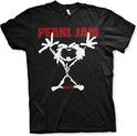 Zwart t-shirt met op de voorkant de tekst "PEARL JAM" in het rood en een witte stickman met gespreide armen en benen. Onder de stickman staat "ALIVE" in het rood.