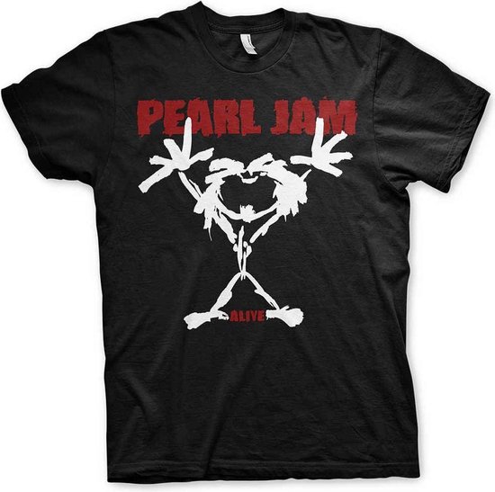Zwart t-shirt met op de voorkant de tekst "PEARL JAM" in het rood en een witte stickman met gespreide armen en benen. Onder de stickman staat "ALIVE" in het rood.