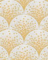 Steen tegel behang Profhome BA220042-DI vliesbehang hardvinyl warmdruk in reliëf gestempeld in tegel patroon glimmend goud wit beige 5,33 m2