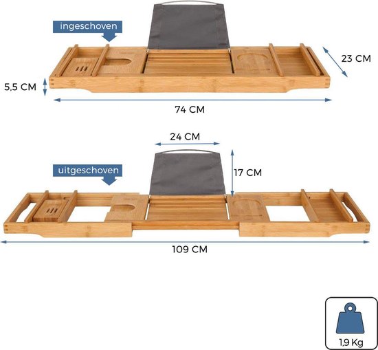 LifeGoods Badplank - Uitschuifbaar - voor in Bad - 74.5 tot 108.5 cm - met Houder - Hout
