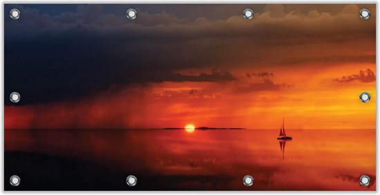 Tuinposter –Zonsondergang aan het Water met ZeilBoot– 200x100 Foto op Tuinposter (wanddecoratie voor buiten en binnen)