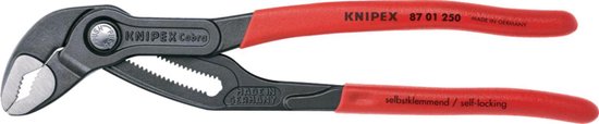 Knipex Cobra waterpomptang met gepolijste bekken en rode handvatten.