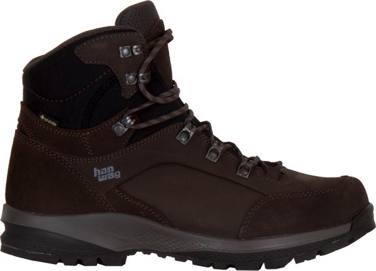 Bruine, middelhoge wandelschoen met veters, Hanwag logo, Gore-Tex.
