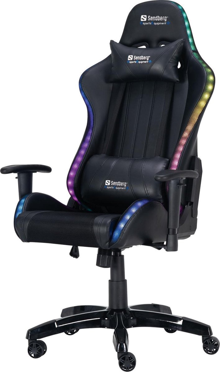 Sandberg Commander Gaming Chair RGB Zwart E-Sports HIGH END Equipment, Game Stoel - Gaming Stoel - Gaming Chair - Zwart - Bureaustoel Met Nekkussen & Verstelbaar Rugkussen - Instelbare Zithoogte - Kantelbare zitting tot 80gr