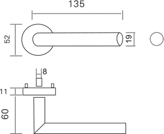 Technische tekening van een deurklink met afmetingen in millimeters.