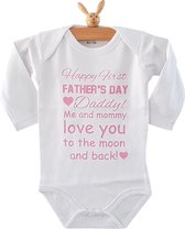 Baby Rompertje tekst papa eerste Vaderdag cadeau meisje Happy first father’s Day | lange mouw | wit roze | maat 74/80