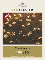 2x Cluster draadverlichting met timer 100 sterren op batterij wit - Kerst lichtsnoer lichtdraad met sterren lampjes