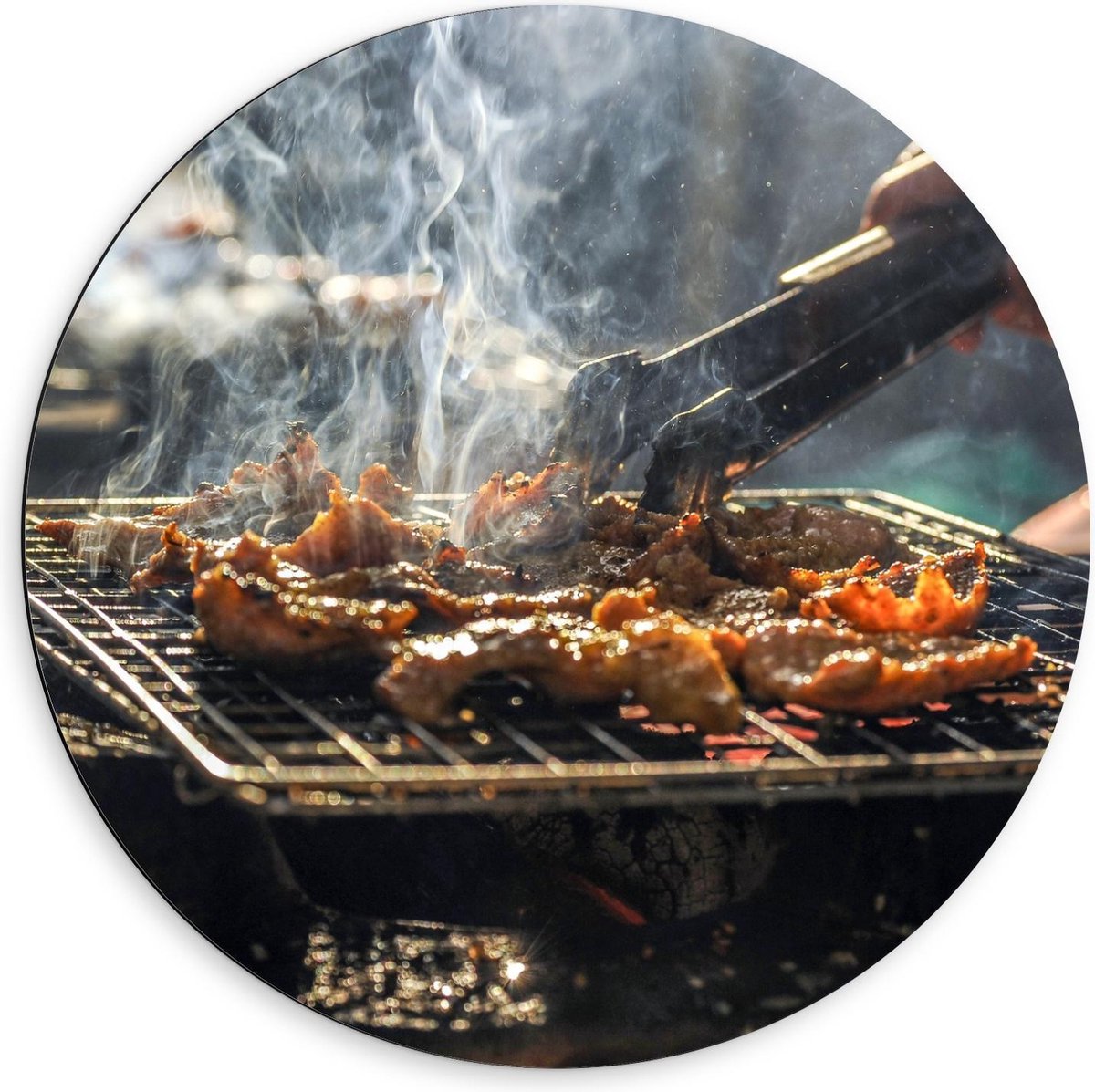 Dibond Wandcirkel - Barbecue met Rokend Vlees - 60x60cm Foto op Aluminium Wandcirkel (met 