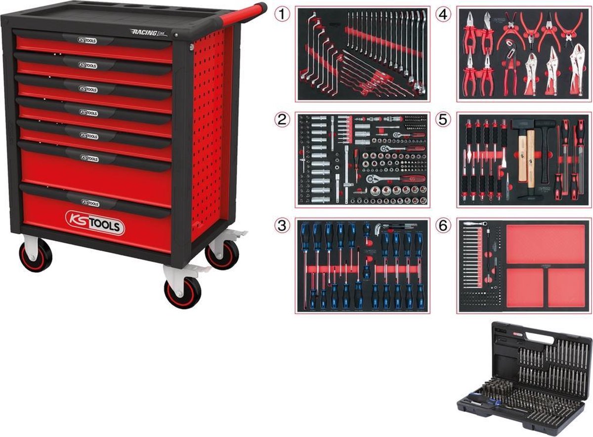 Veel gevaarlijke situaties Vervelend nadering KS Tools Gereedschapswagen Racingline - Gevuld - 598-delig - 7 lades -  Rood, Zwart | bol.com