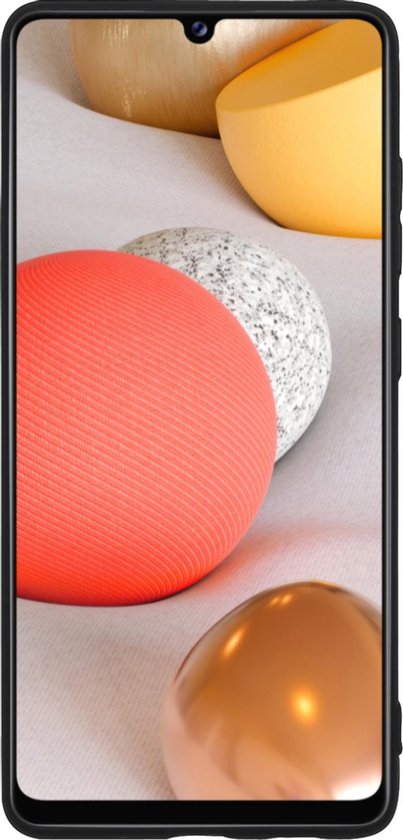 Zwarte telefoonhoes met een scherm dat een abstracte afbeelding toont van cirkels in de kleuren oranje, grijs en geel.