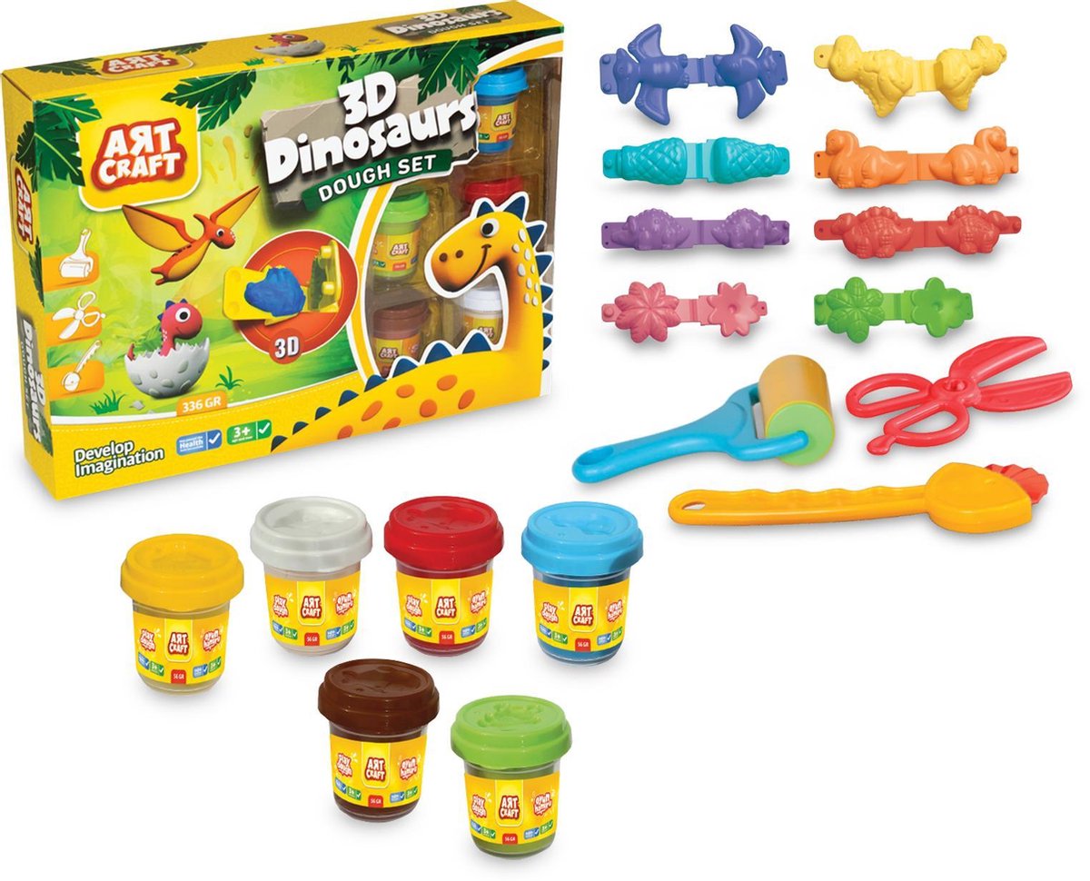 DEDE Art Craft- XXL 3D Dinosaurus Klei Set Speelgoed Klei Speelset- 6 x 56 gr Klei Potjes