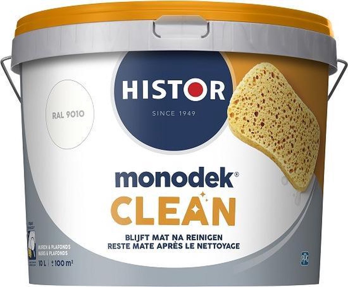 Histor Monodek Clean - Mat - Reinigbare Muurverf - Makkelijk Schoon te Maken - 10L - RAL 9010 - Histor