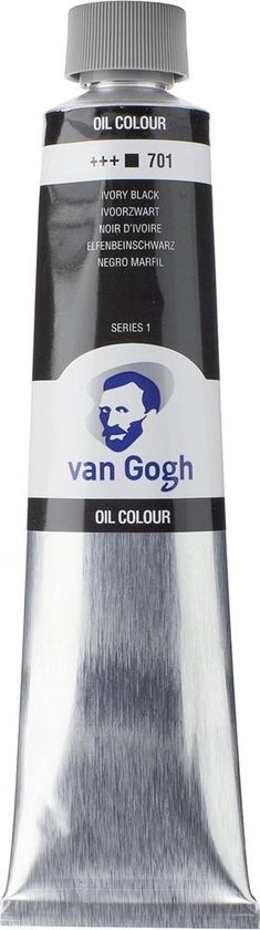 Tube d'huile Van Gogh 200ml, noir d'ivoire 701, avec bouchon gris.