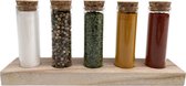 Kruidenbuisjes op Houten Voet - Kruidenpotjes in Kruidenrekje staand - Luxe Decoratie - 5 Buisjes met Natuurkurk