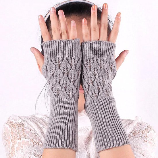 Grijze opengewerkte polswarmers - Vingerloze handschoenen voor dames - Handwarmers