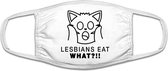 Lesbians eat, what!? mondkapje | vrouwen | relatie | getrouwd | gezichtsmasker | bescherming | bedrukt | logo | Zwart mondmasker van katoen, uitwasbaar & herbruikbaar. Geschikt voo
