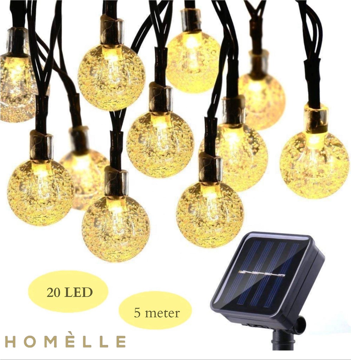 Homèlle Solar lichtsnoer - 20 LED - 5 meter - Warm-wit - ø2cm - Tuinverlichting op zonne-energie - B