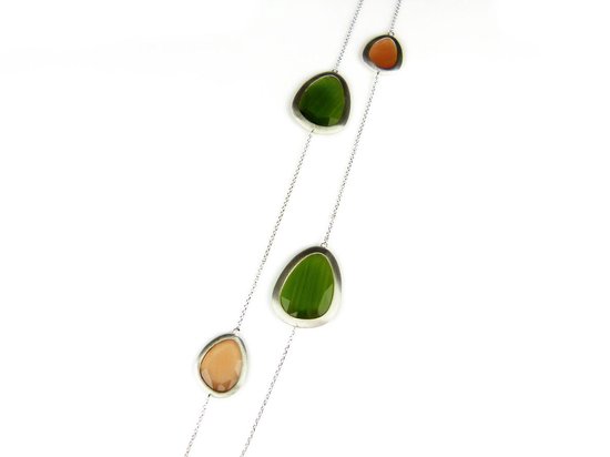 Zilveren halsketting halssnoer collier Model Playfull Colors gezet met kaki groene, en oranje stenen