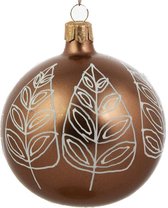 Doosje van 6 - Bruine Kerstballen met Witte Bladeren Decoratie - van glas
