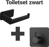 Waal© Toiletrolhouder met haakje zwart - inclusief - modern - zelfklevend - RVS - 3M - WC rolhouder